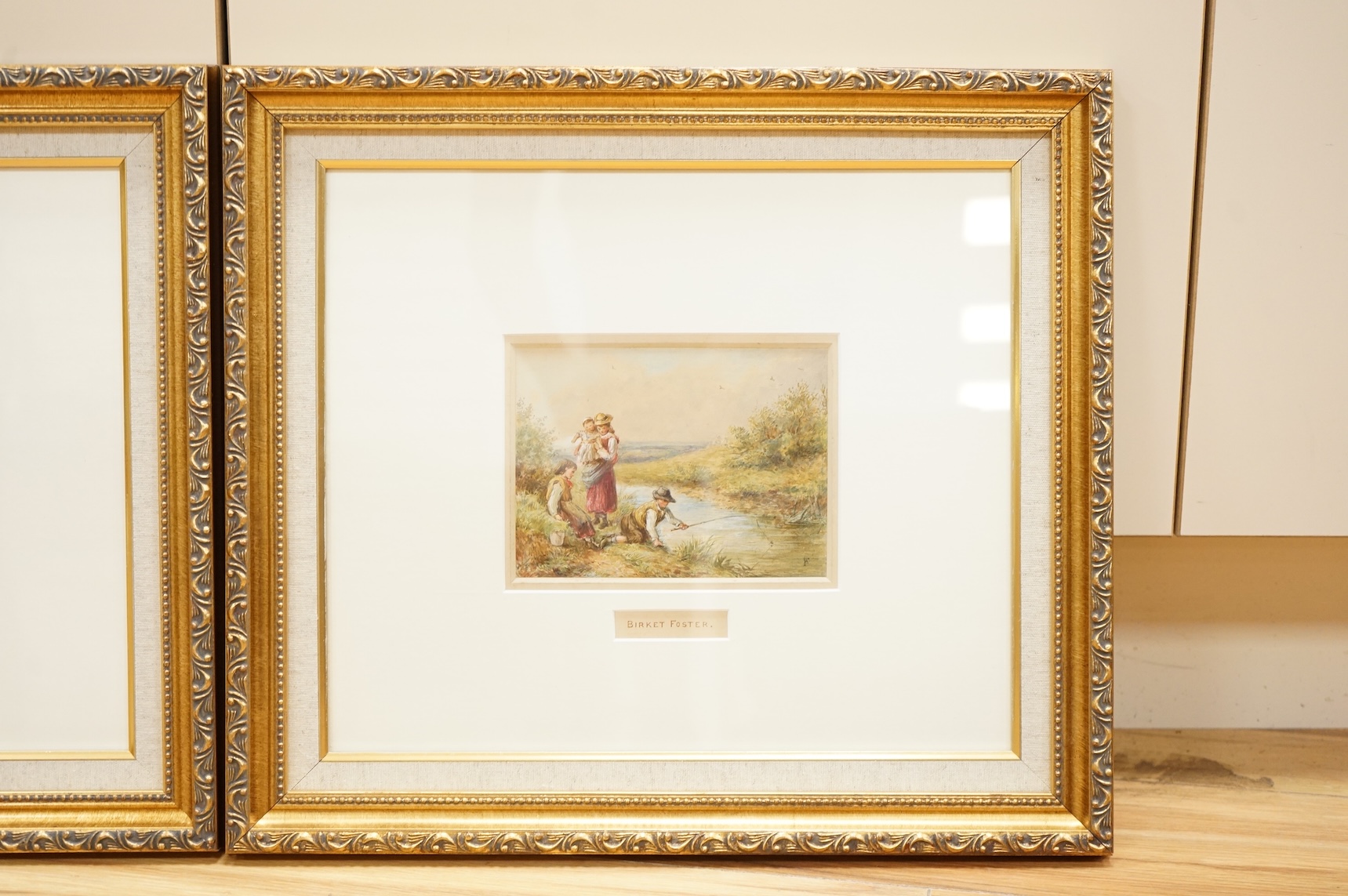 Manner of Myles Birket Foster RWS (1825-1899), Riverscapes with figures fishing, bears monogram, pair of watercolours, each 12 x 15cm, ornate gilt frames
